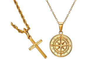 DVRK Set di Collane Uomo Oro 18k con Base in Acciaio Inossidabile 316L – Collana Uomo Oro18k - Collana Uomo Oro Croce - Collana Uomo Oro Bussola