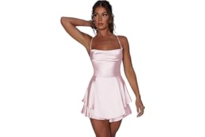 Odizli Damen Sommer Sexy Spaghettiträger Rückenfreie Satin Jumpsuit Kleid Party Minikleid