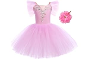 IWEMEK Vestito Ragazze Danza Classica Classico Body con Paillettes Ricamo Bambina Tutu Tulle Ballerina Principessa Swan Lake Abito Outfit con Forcine Pattinaggio Ginnastica Yoga Artistico Costume 4-14 Anni