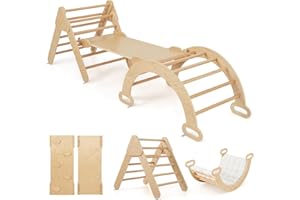 RELAX4LIFE 4 in 1 Triangolo da Arrampicata con Scivolo per Bambini, Arco da Arrampicata e Scala per Arrampicarsi in Legno, Montessori Giocattoli Bimbi 2 3 4 5 Anni (con Cuscino, Naturale)