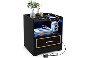 GIANTEX Stolik nocny z oświetleniem LED, 3 kolory, stolik pomocniczy, stolik kawowy z czujnikiem ruchu, szafka nocna ze złączem USB i stacją ładującą typu C, stolik nocny, szuflada