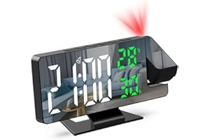 OQIMAX Projekcyjny budzik, budzik nocny z projektorem 180°, 7,8-calowy cyfrowy zegar z lustrem LED, temperaturą i wilgotnością, 4 regulowane jasności, drzemka, zegary do sypialni [Biały+Zielony]