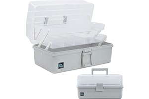 Creahaus Boîte de rangement multifonction à 3 couches de 33 cm avec compartiments, boîte à outils en plastique, boîte de rangement pour médicaments, accessoires capillaires, boîte de couture avec 2