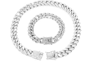 Ceihwa 12mm Chaine Hip Hop Diamant Homme Iced Out Collier et Bracelet Miami Bijoux Hip Hop pour Hommes Femmes Maille Cubaine Cuban Link Chain for Men Collier Chaîne Faux Diamant Bling