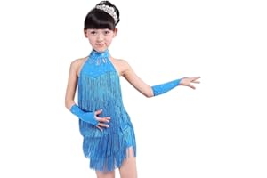 Yuluo Nappa Latino Danza Abito Ragazze - Bambini Samba Rumba Tango Salsa Sala da Ballo Costumi Gonna Senza Maniche Nappa Cha Cha