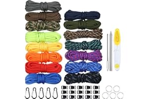 WILLBOND 150 Feet 15 Colors Paracord Cord with Buckles Keychain Key Rings and 3-Piece Paracord Lacing Needle Stitching Needles Kit