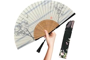 OMyTea Folding Hand Fan for Women - Foldable Chinese Japanese Vintage Bamboo Silk Fan - for Hot Flash, Church, EDM, Music Festival, Party, Dance, Performance, Decoration, Gift (White Bamboo Forest)