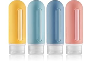 Toureal Zestaw silikonowych butelek podróżnych, 89 ml, szczelne pojemniki podróżne, zestaw przyborów toaletowych, pojemniki na płyn, do szamponu, 4 sztuki, różowy, 2 x niebieski, żółty