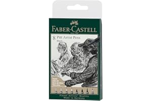 Faber-Castell 167158 Pitt Artist Pens, Set de 8, Tailles variées, Encre noire imperméable et résistante à la lumière, Pour dessin et croquis