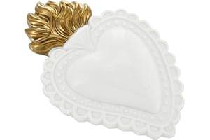 Baroni Home Cuore Sacro Ex-Voto in Ceramica Dipinta a Mano con Fiammella, Arte Sacra Tradizionale, Decorazione da Parete per la Casa, Bianco, 16x11 cm