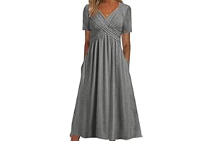 ABYOVRT Damska długa sukienka elegancka sukienka plażowa z krótkim rękawem letnia sukienka z dekoltem w serek szykowna i elegancka z kieszeniami, S-XXL