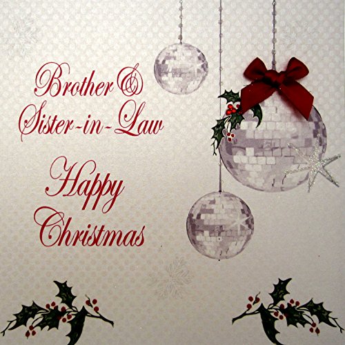 White cotton cards brother and sister-in-law happy christmas handmade card in baubles design