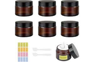 AILVOR Amber Glas Leerdose,50ml Cremedose zum Befüllen, 6 Stück Salbentiegel mit 2 Spatel und Aufkleber, Leer Nachfüllbare Cremetiegel, Braunen Glasbehälter für Lotion, Creme, Kosmetik