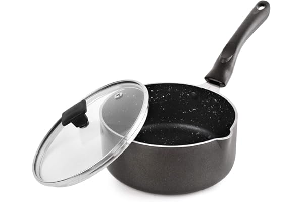 Cello Induction Base Aluminium Non Stick Sauce/Milk Pan with Temepered Glas Lid, Black, 1.5 Ltrs