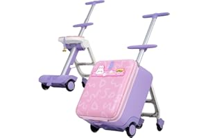Jovikids Kinderkoffer zum Draufsitzen, 3 in 1 32L Trolley Kinder mit Teleskopstange und 4 Rollen, Reisekoffer Kinder, Faltbar und abnehmbar, mehrere Fächer (Rosa)