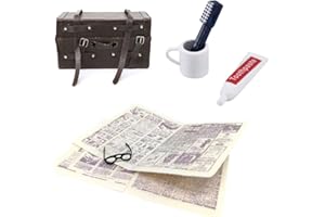 JENICH 6er Set Miniatur Puppenhaus Gartengeräte Miniaturgarten Zubehör Miniatur Garten Deko Brille Zeitung Trunk mit Riemen und Schnallen Zahnbürste Zahnpasta Tasse für 1/12 Puppenhaus