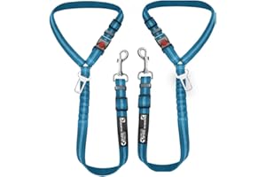 PETZANA Comfortable Dog Seat Belt Harness for Car - 2-in-1 Leash and Restraint Secures to Headrest. Adjustable Bungee, Strong, Durable, 360 Degree Swivel Attach Won't Twist, Reflective, Easy to Use (Blue)