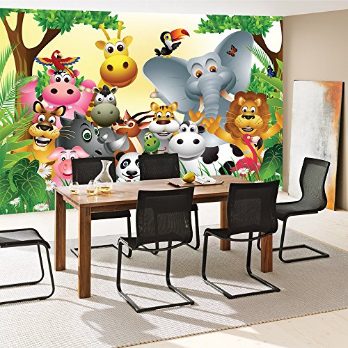 Vlies Fototapete 350×245 cm PREMIUM PLUS Wand Foto Tapete Wand Bild Vliestapete – JUNGLE ANIMALS PARTY – Kinderzimmer Kindertapete Dschungel Zoo Tiere Giraffe Löwe Affe – no. 013 - 7