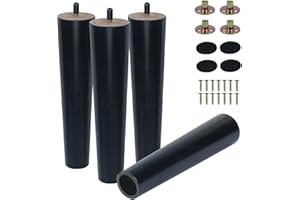 KINDPMA 4PCS Solid Wood Furniture Legs 25cm Wooden Sofa Legs Chair Legs Table Leg Black Furniture Replacement Feet with Mounting Plates Screws Non-Slip Mat for Chair Bed Couch Table TV Cabinet