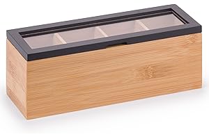 Woodluv Tea Storage Organizer with 4 Compartments, Premium Multi Purpose Display Case, Storage for Assorted Teas, Lidded Countertop Holder, Stylish Chai Container with Lid for Kitchen - Black