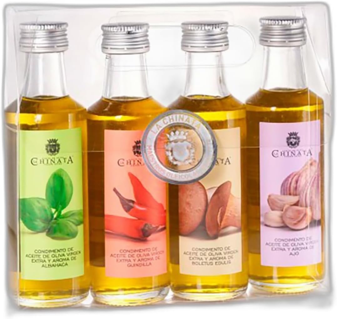 La Chinata Estuche 4 Condimentos con AOVE | Selección de Aceites de Oliva Virgen Extra Aromatizados (Albahaca, Guindilla, Boletus y Ajo) | Pack Gourmet | Regalos | 4x100ml