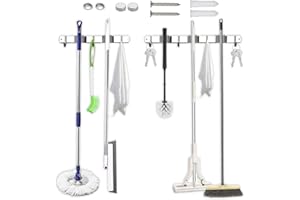 TIVIFORE 2 Pièces Porte Balais Mural, Porte-Balai Fixé au Mur avec 4 Emplacements et 3 Crochets et 3 Emplacements et 2 Crochets, Armoire à Balai Multifonction Pour Cuisine, Jardin,Garage, Balcon, Bureau