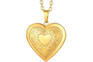 Suplight Lockets Necklace for Women, Yellow Gold/Rose Gold/Silver Heart Shaped Angel Wings Locket Personalized Photo Necklace