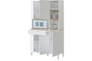 duehome | Alacena de Cocina, Mueble Auxiliar 5 Puertas + 1 Cajon y Estante Interior, Modelo Colin, Acabado en Blanco Artik y Roble Canadian, Medidas: 108 cm (Ancho) x 186 cm (Alto) x 40 cm (Fondo)