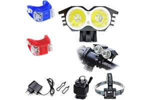 CONSTEFIRE Linterna LáMPARA para bicicletas bici - Luz LED frontal para manillar de bicicleta (2 focos, 5000 Lumens, 4 modos) con 2 x Luz Luces Lámpara Trasera para Bici Bicicleta,100% de Satisfacción o Devolución del Dinero.