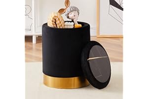 Mxfurhawa Velvet 23Qt Storage Ottoman Multipurpose Footrest Stool with Metal Base Modern Round Vanity Stool Chair Ottoman Foot Stools Support 300lbs Padded Seat for Living Room & Bedroom (Black)