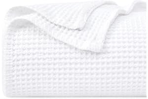 PHF 100% Cotton Waffle Weave Blanket Double Size 150 x 200cm, Pre-Washed Lightweight Breathable Throw Blanket for Summer, Oeko-TEX Certified for Bed Sofa, Home Decor, White