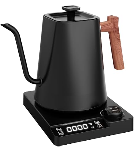 Bouilloire avec thermomètre 1 L en inox avec bec col de cygne et poignée en bois