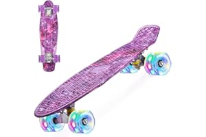 ERNAN 22 inch Skateboards for Kids,Cruiser Skateboard,Skateboards for Kids Teens Adults & Beginners, PU LED Flashing Wheels with All-in-One Skate T-Tool