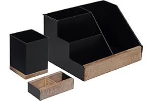 HBCY Creations Rustic 3-Piece Desk Organiser Set - Black Metal - For Stationery, Letters, & Mail - Storage for Home & Office Supplies with Pen Holder Cup & Holding Tray - Pine Wood & Metal