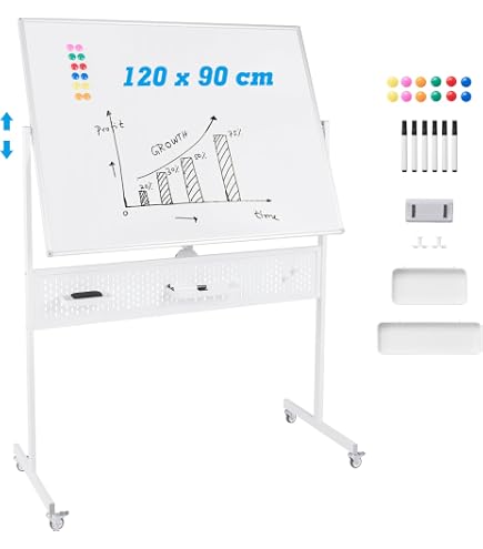 Tableau Blanc Effaçable 100x65 Cm - Hauteur Réglable 132-192 Cm - Inclinable 16° - Roulettes Verrouillables - Magnétique - Avec Accessoires