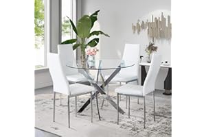 GOLDFAN Esstisch mit 4 Stühlen Esstisch Rund Glas Moderner Küchentisch Esszimmerstuhl aus Leder Küchenstuhl, Weiß
