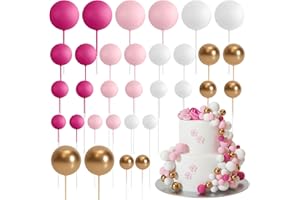 ASTARON Lot de 32 décorations de gâteau en forme de boules Mini ballons Bâtonnets de décoration de gâteau Boules en mousse Pics à gâteau pour fête de mariage Anniversaire (or rose)