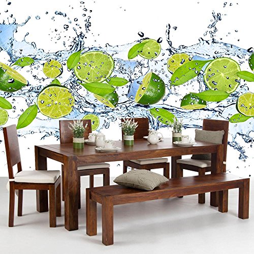 Vlies Fototapete PREMIUM PLUS Wand Foto Tapete Wand Bild Vliestapete – Limetten Wasser Blätter Tropfen Obst Frucht – no. 864, Größe: 300 x 210 cm Vlies - 9