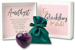 MilaBoo® Glücksherz 4 cm – Handgefertigter Edelstein in Herzform im Samtsäckchen & Geschenkbox – Handschmeichler mit Karte und Botschaft (Du schaffst das - Amethyst)