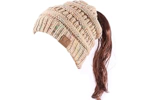 DURINM Mujer Gorros de Punto con Agujero para Coleta Otoño Invierno Beanie Sombrero Invierno Suave Cálido Elástico Ponytail Beanie Hat para Mujer