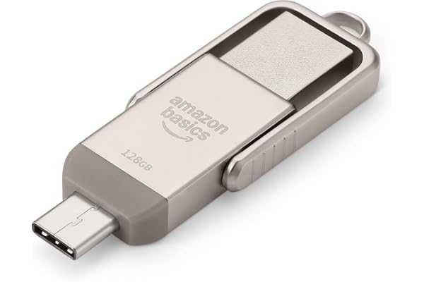 Amazon Basics Memoria USB, Memoria Portátil con Puertos USB C y USB A Duales, 128GB, Color Champán Plateado