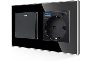 JIMEIDA Interruptor de luz con enchufe USB negro, puerto USB A y tipo C máx. 3,1 A, 1 vía, con placa de cristal, interruptor basculante moderno, 10 A, 250 V