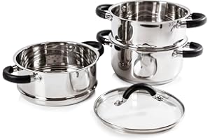 Tower T80836 Essentials Cuiseur Vapeur à Induction à 3 Étages en Inox -avec Couvercle en Verre, Poignées en Silicone - Électrique - Finition Poli-Miroir, 18 cm, Argenté