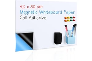 SLIANDTELLY Self-Adhesive Whiteboard Paper 42 x 30 cm, Magnetic White Board Sheet Stick on Wall, Dry Erase Whiteboard Sticker for Home School Office, Included Pens, Eraser, Pen Holder, Magnets