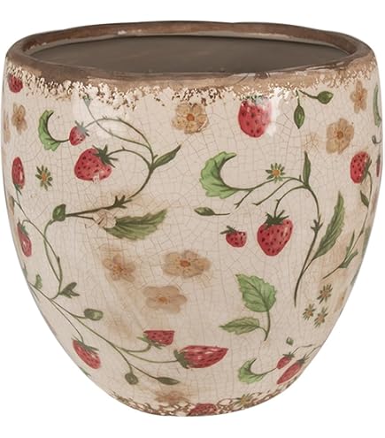 Clayre & Eef Blumentopf Aus Keramik – Erdbeer-Motiv, Beige/rot, Ø 12 Cm, Im Landhausstil