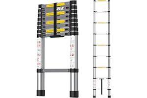Kidsgigglz Aluminium Teleskopleiter,Mehrzweckleiter mit Haken,Ausziehbar Stehleiter,Rutschfester Klappleiter,Ausziehleiter für Dachboden/Kletterdach/Büronutzung/Baujob,150 KG Belastbarkeit Leiter,2.6M
