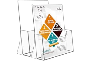 ROSSHINE A4 Leaflet Holder, Crystal Clear Acrylic Brochure Holder 2 Pack, Freestanding Menu Flyer Perspex Display Sands for Magazine Business Card Literature Pamphlet Booklets Menu