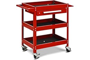 GiantexUK 3-Tier Rolling Tool Cart, Heavy-duty Steel Service Cart on Wheels with Drawer, Side Handle & Tool Slots, Utility Storage Trolley for Workshop Warehouse Garage Office (Red)