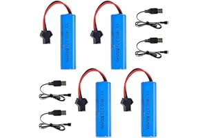 Hojalis 3.7V 800mAh Li-ion Battery, 4 Pcs RC Rechargeable Batteries with Usb Charger SM-2P Plug Connector, Universal Lithium Battery for RC Car Off Road Truck Jumper Vehicle Drift Monster Toys