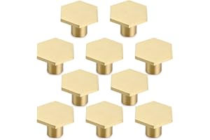 Wuudi 10Pcs Solid Brass Hexagon Knobs with Screw for Cupboard, Desk, Drawer, Dresser Drawer, Gold (30 x 21mm)